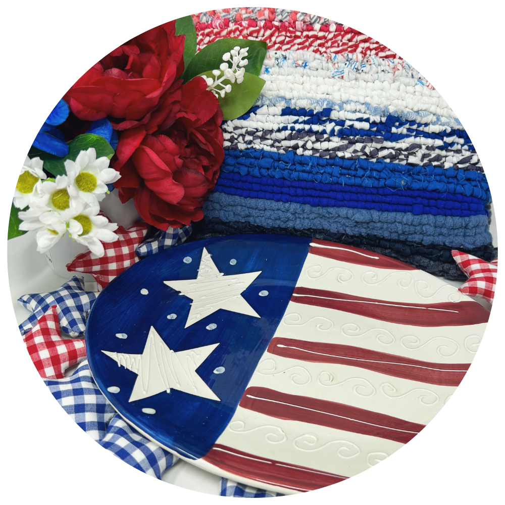 Patriotic color platter, pillow, florals, and table scatter