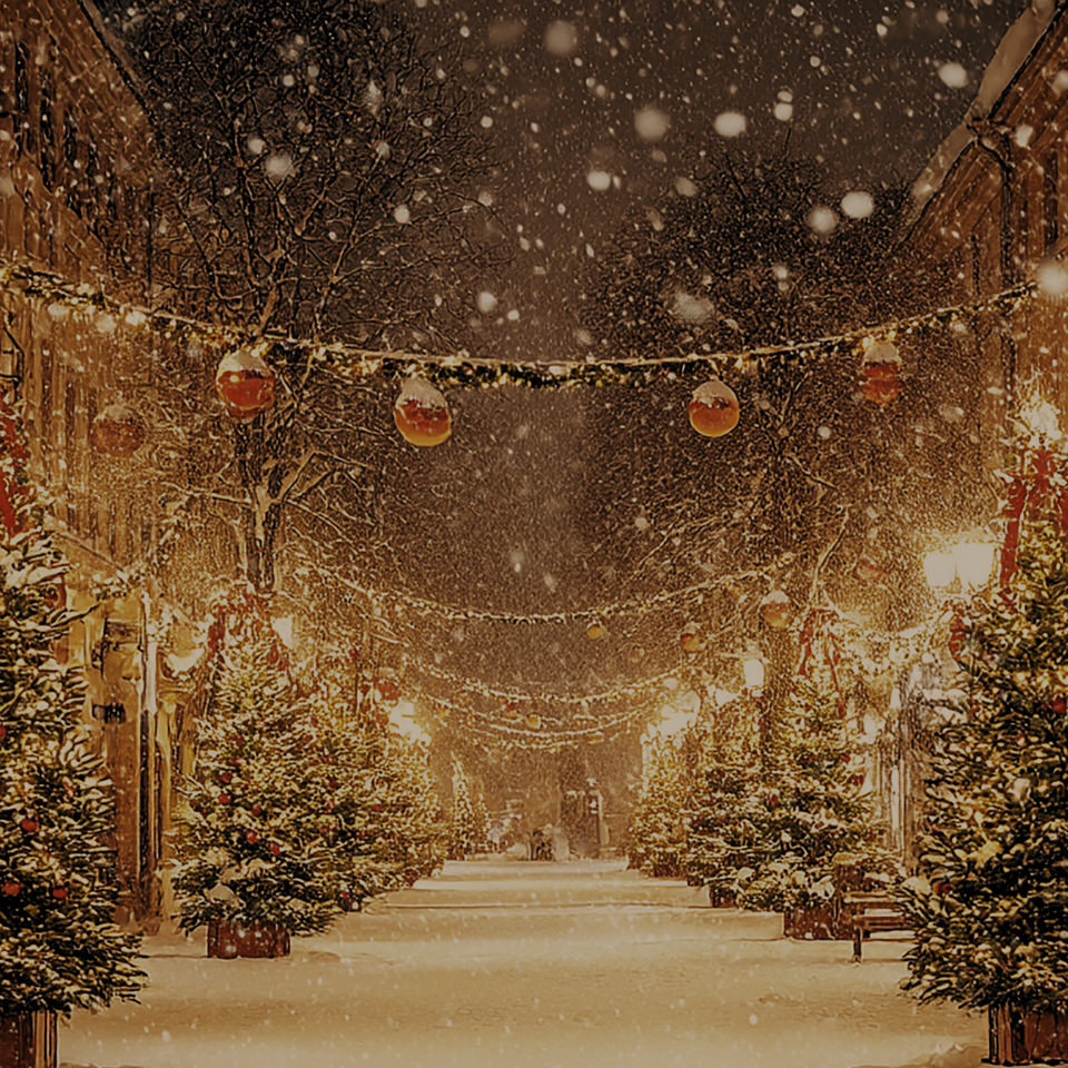 Decorative street with Christmas trees and lights during a snowfall