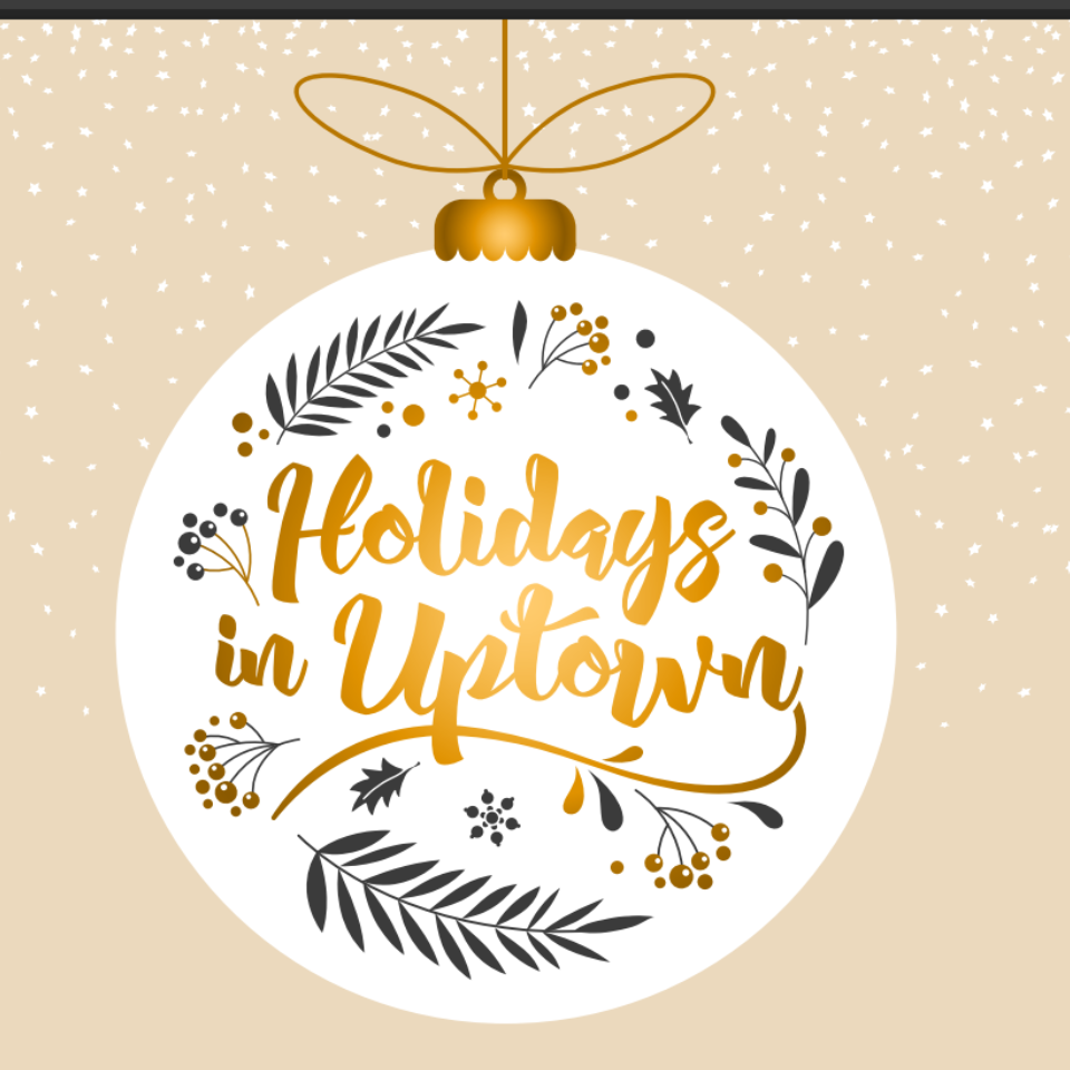 White and gold Holidays in Uptown logo