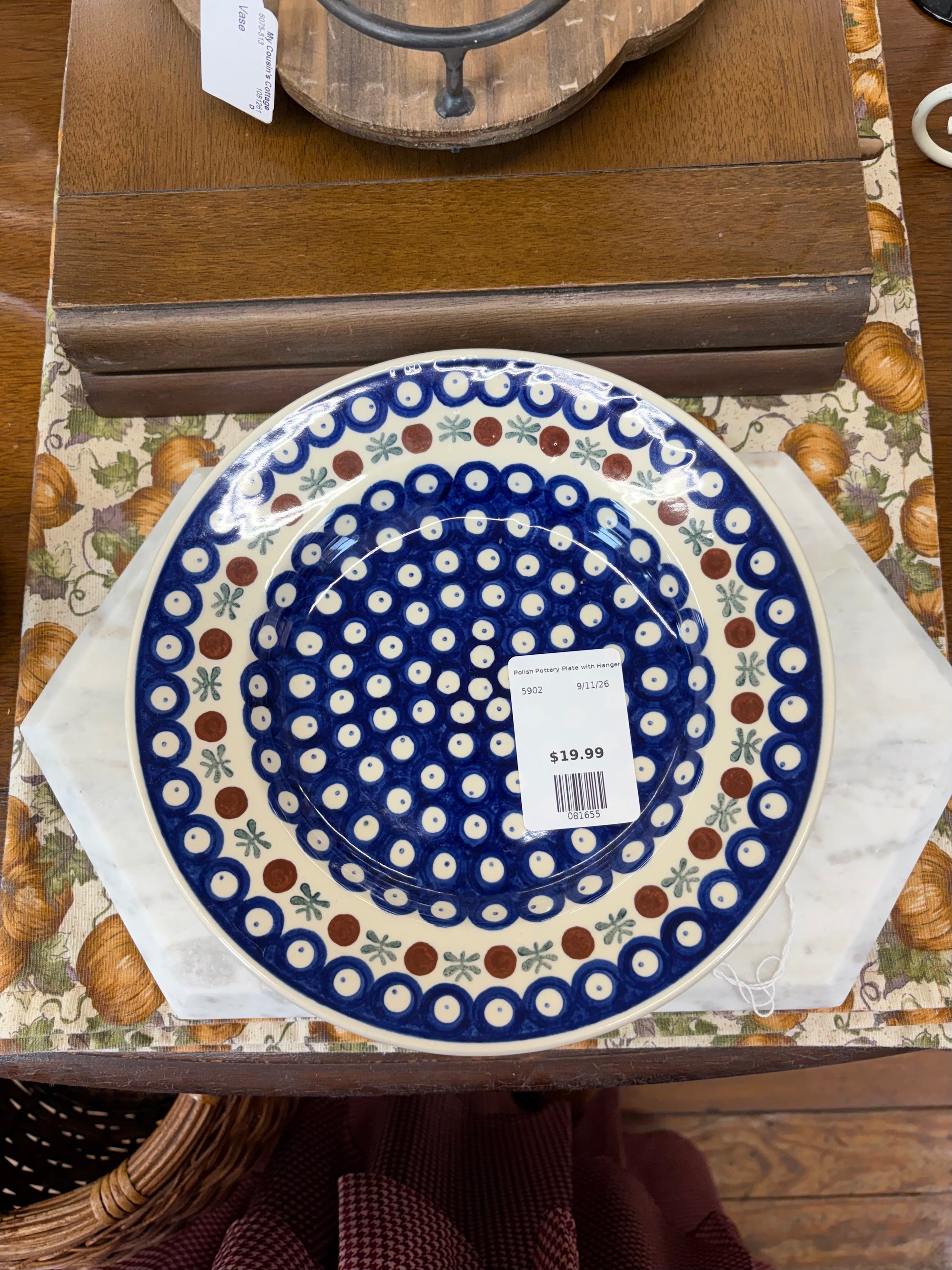 Blue/Cream/Brown  Polish Pottery Plate with Hanger