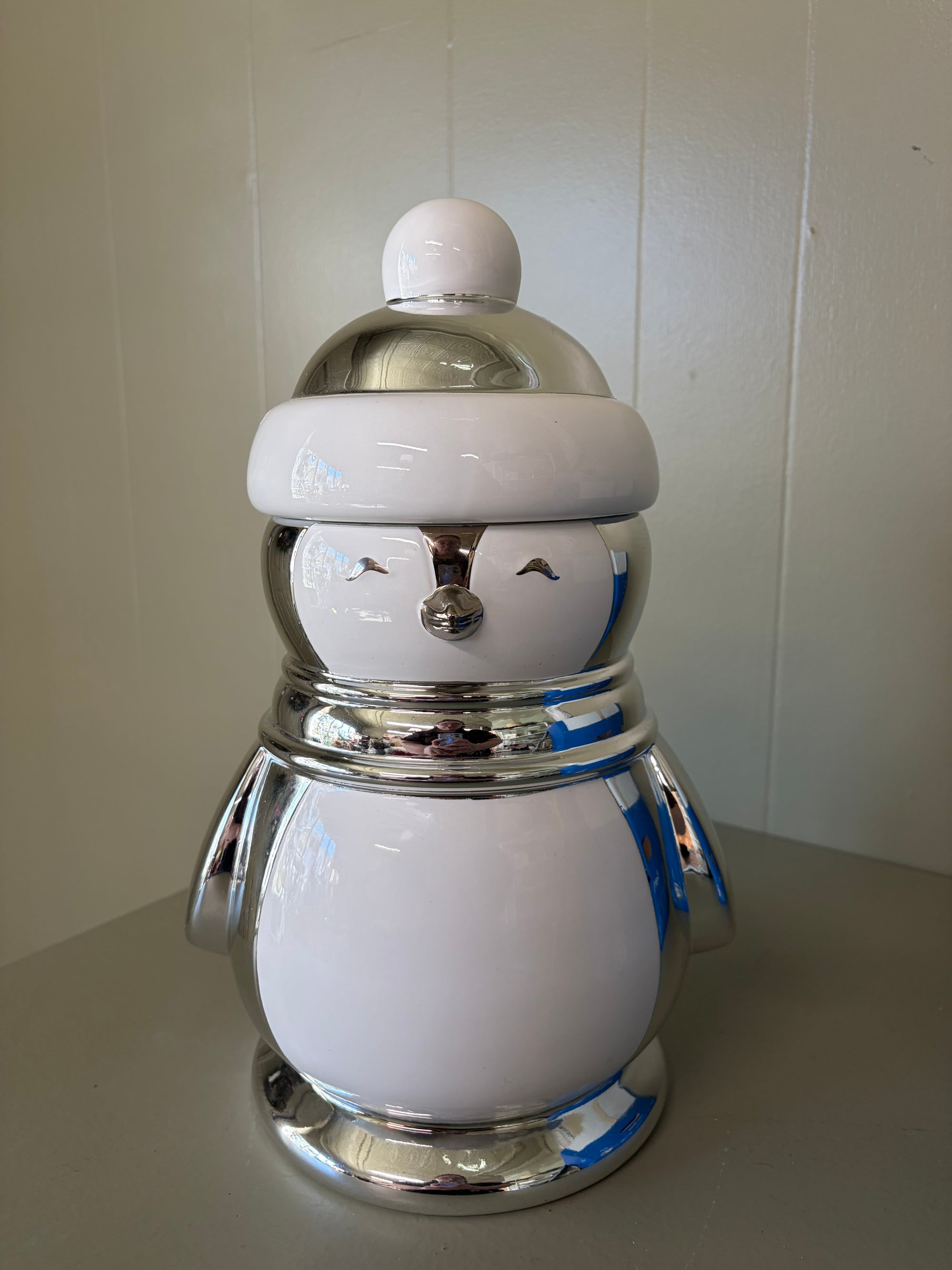 Silver and White  Penquin Cookie Jar