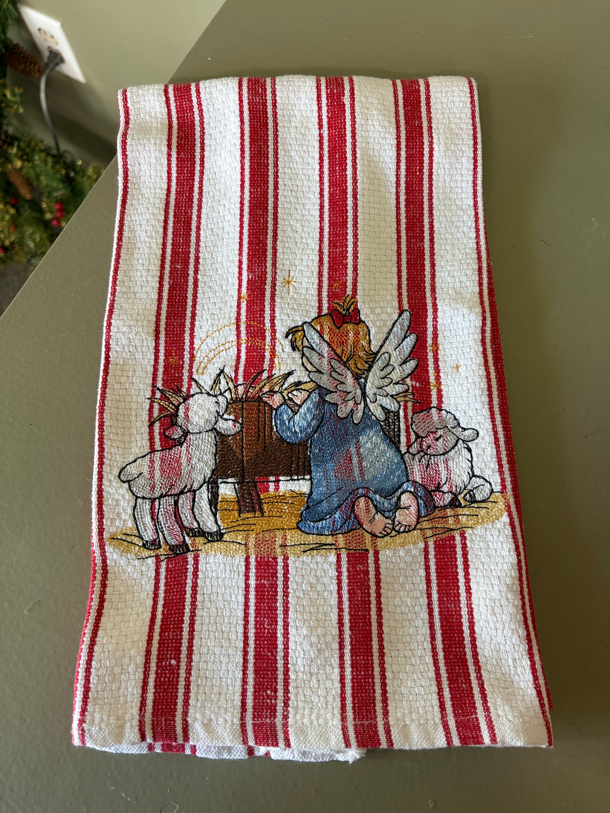 Red and White  Angel Striped Christmas Towel