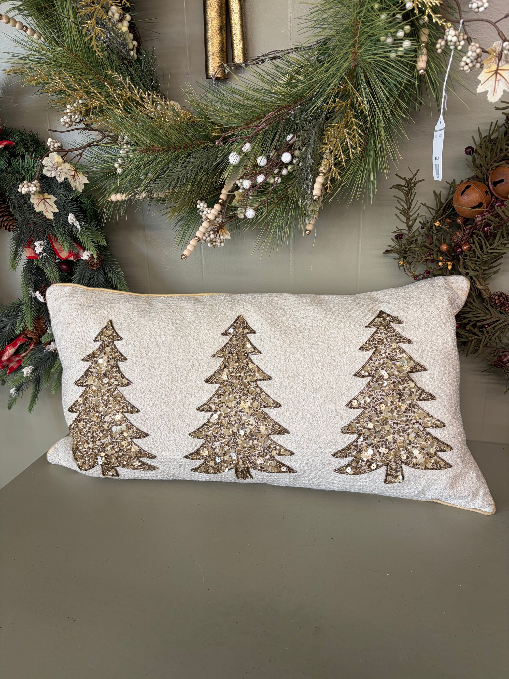 White and Gold  Sparkly Tree Throw Pillow