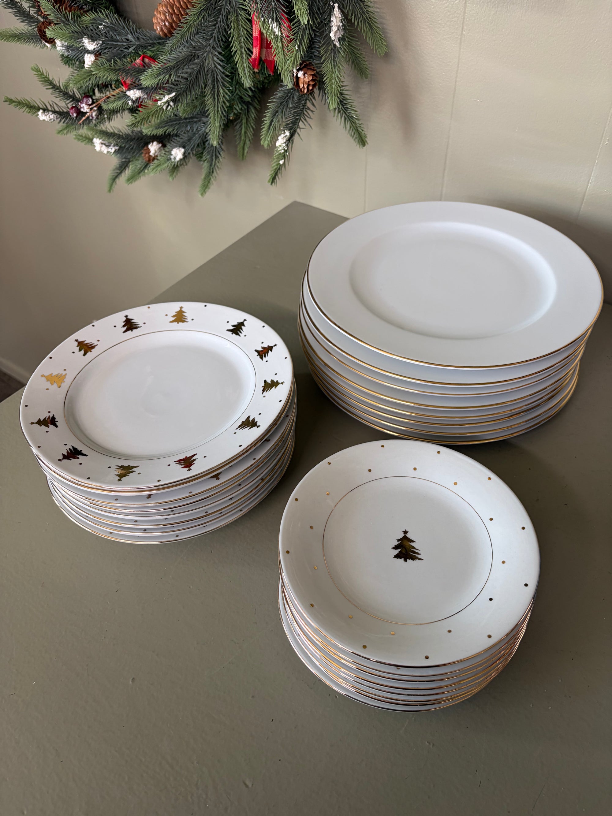 White and Gold  Christmas Dish Set, Set of 24