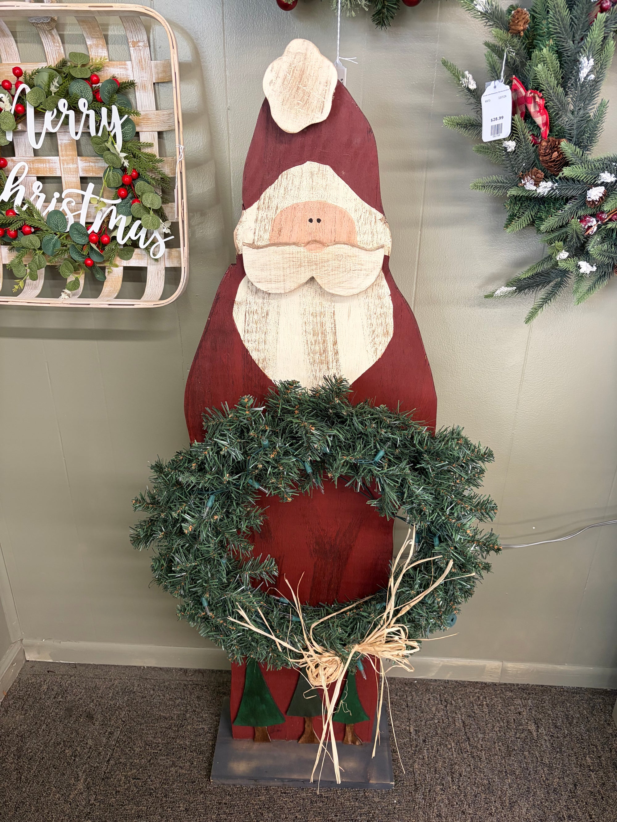 Wooden Santa w/ Wreath, 2 pc set