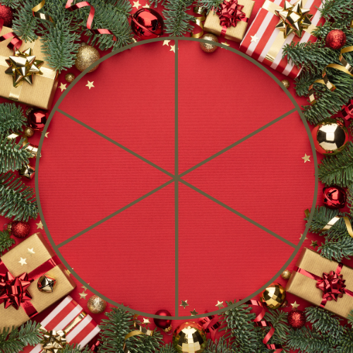 Ring of pine, ornaments, and gift boxes