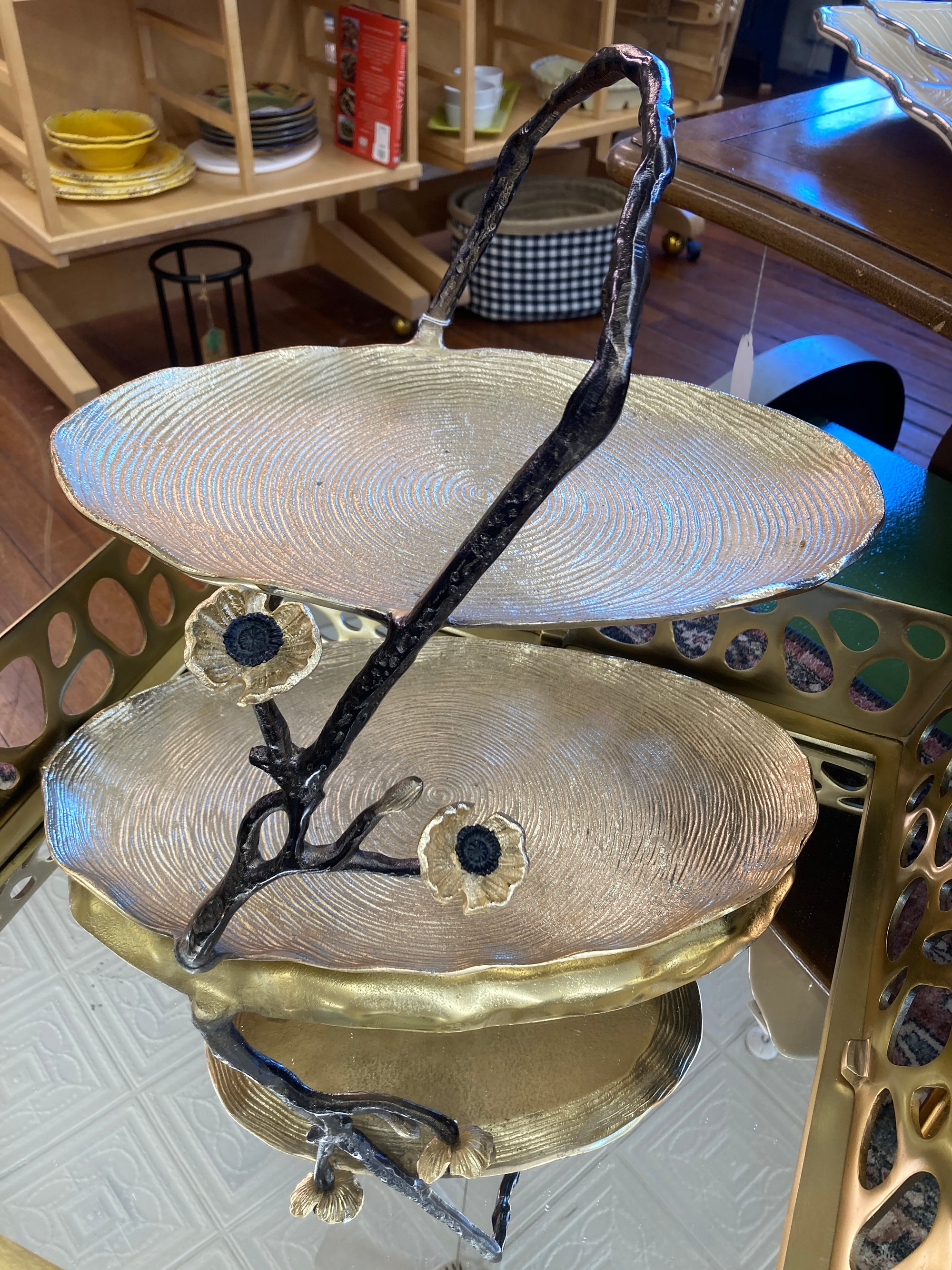 Two Tiered Silver Stand with Black Flowers