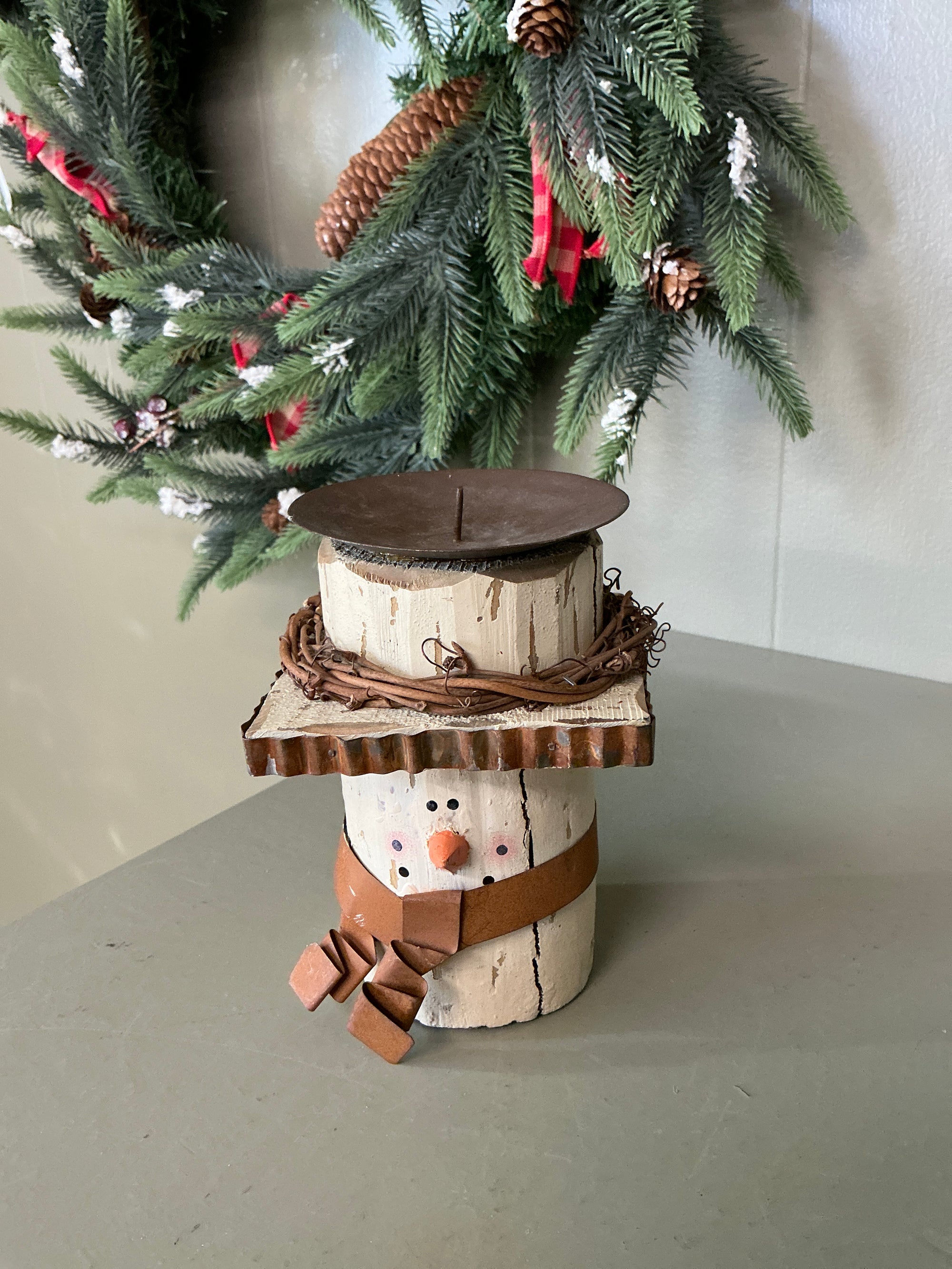 Wooden Snowman Candle Holder, As Is